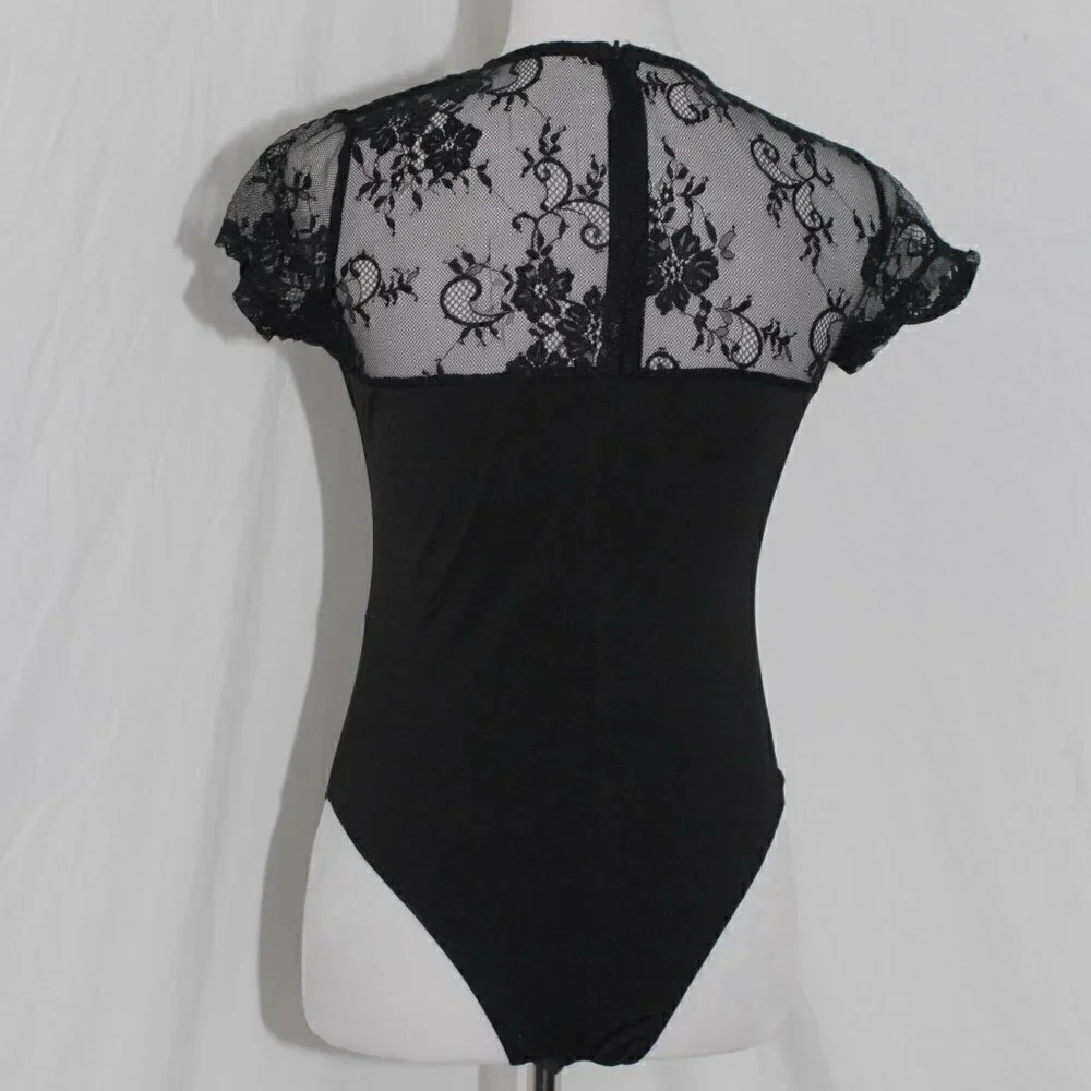 Sexy Peekaboo Bodysuit EUC Medium Black Lace See Through Top Bodycon Shirt - Picture 4 of 8
